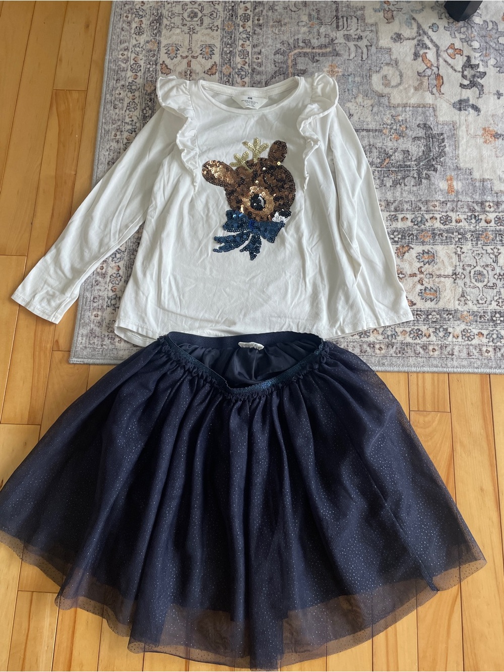 H&M White Sequin Reindeer Top and Navy Glitter Tulle Skirt